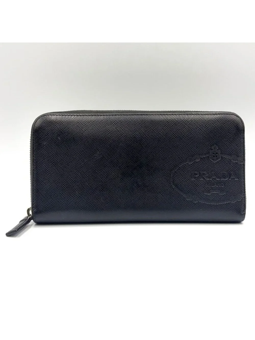 Prada Saffiano Embossed Logo Zip Around Leather Black Wallet Silver
